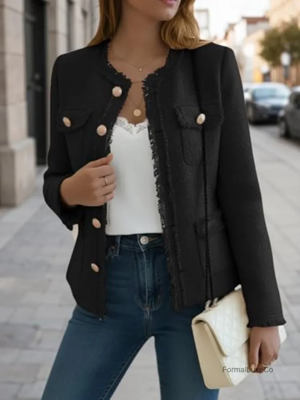 Tweed Blazer Jacket Crewneck Open Front Office Coat Pockets